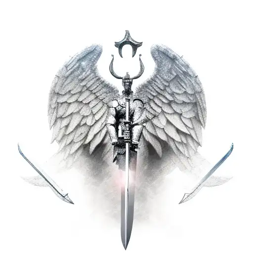 An Warrior Angel Holding A Shield And A Sword To Fight Of Demons