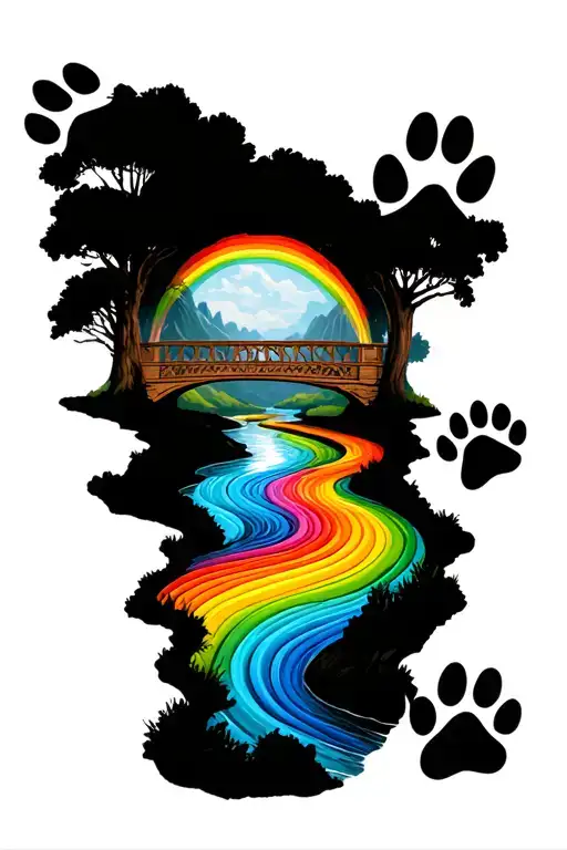 Bridge With Rainbow Coloured River Flowing With Paw Prints Around The River