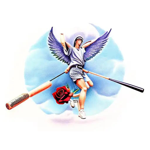 Baseball With Angel Wings Behind And A Rose And Rosary Below It