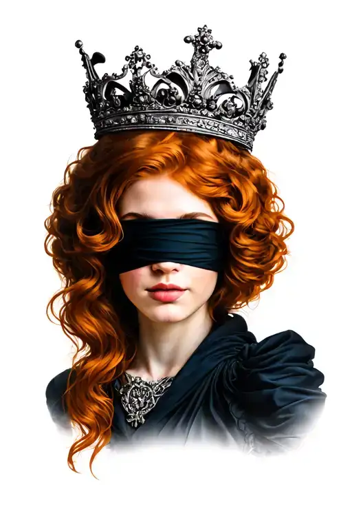 A Blind Queen With Dark Ginger Hair Wearing A Blindfold Covering Her Eyes And A Crown