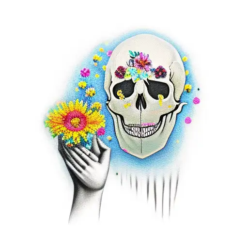 Women In Hood Holding In Hands Skull With Flowers