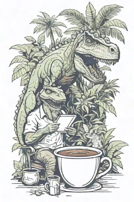 Dinosaurs Reading And Drinking Coffee In A Lush Prehistoric Jungle Cafe