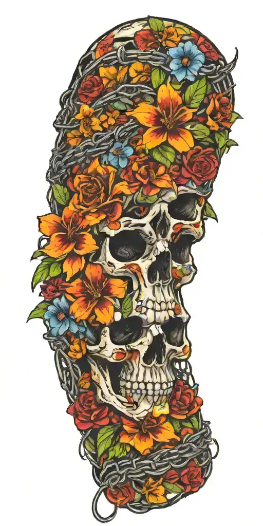 Mostly Tropical Flowers With Skulls Hidden Within And Strands Of Rusted Barbed Wire