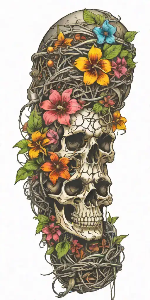 Mostly Tropical Flowers With Skulls Hidden Within And Strands Of Rusted Barbed Wire