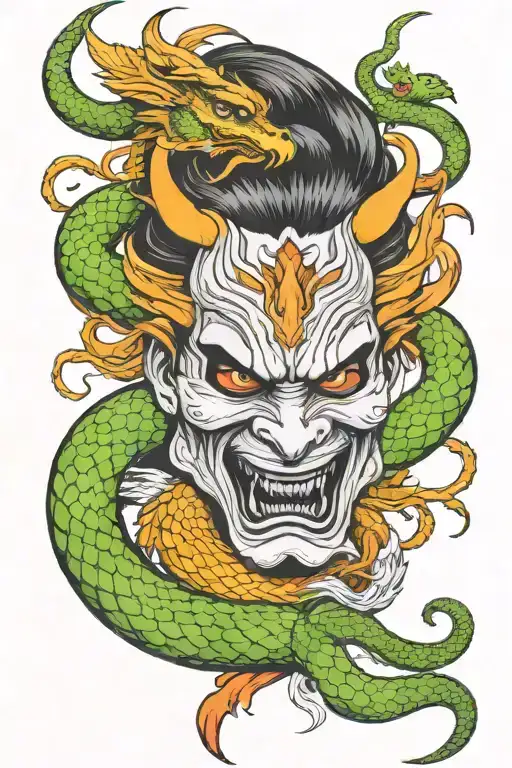 Split Face Of A Geisha And Samurai With A Phoenix And Snake Dragon Wrapped Around Fighting