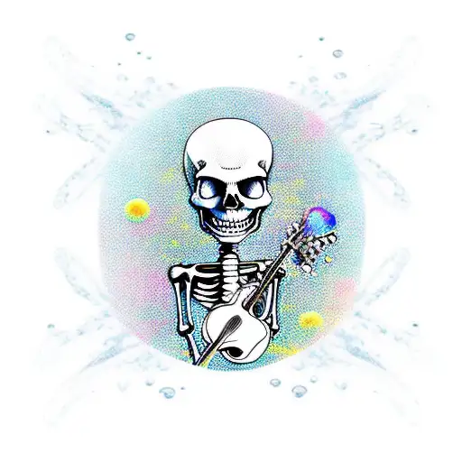 A Skeleton Playing A Guitar With Underwater Bubbles As Musical Notes
