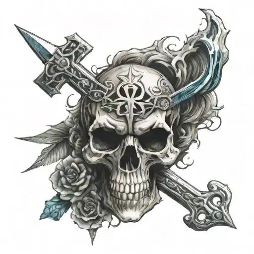 Satanic Cross In Negative Hidden On A Skull With Dagger Up Through Its Mouth
