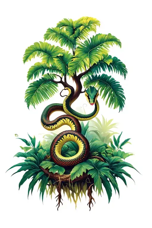 Kapok Tree With Snake And Jungle Plants