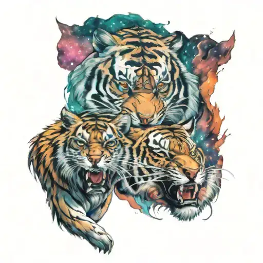 A Fierce Tiger And Wolf Facing Off In A Cosmic Battle