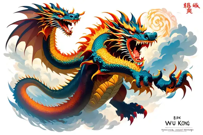 Flying Wu Kong And Fighting Dragon And Background Is Cloud