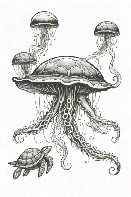 A Spray Art Inspired Tattoo Featuring A Jellyfish And Turtle In A Minimalist Style