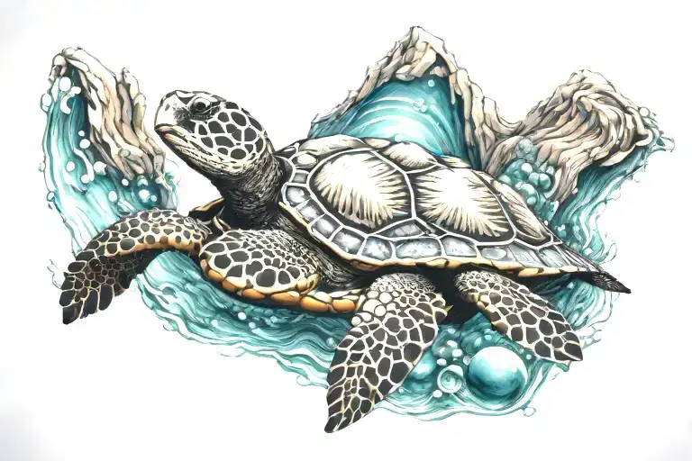 Sea Turtle Swimming With Subtle Image Of Globe On The Shell