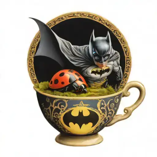 Batman Symbol And A Ladybug Perched Atop A Tea Cup