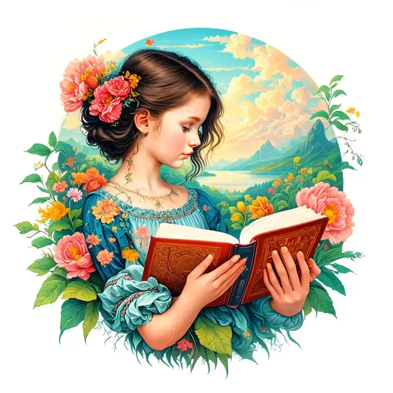 Girl Side Profile Reading Book But Her Head Is A Picture Of A Fantasy Land