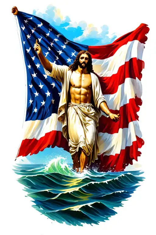 America Flag Country And Jesus Walking On Water