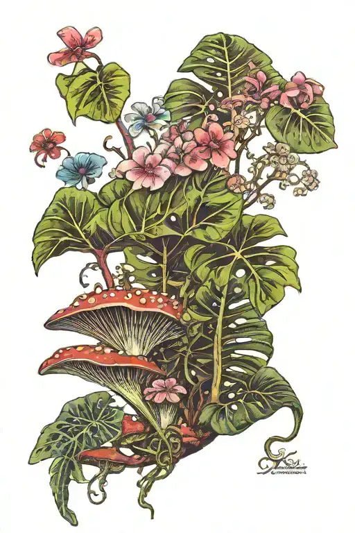 Monstera Leaves Mushrooms Flowers Lizard