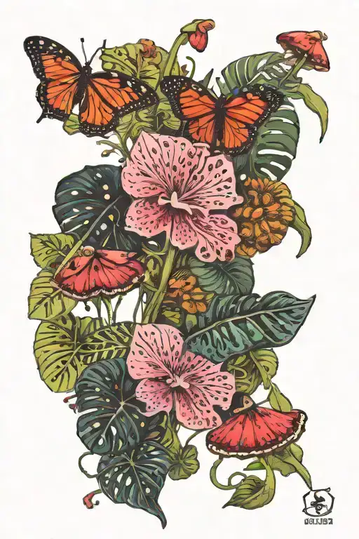 Monstera Leaves Mushrooms Flowers