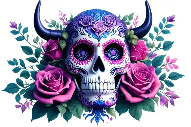 Sugar Skull Mysterious Oni Mask Surrounded Roses Blooming