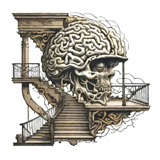 Brain With Stairs And Windowand Black Figures Peaking Out To See The Light And Trying To Escape