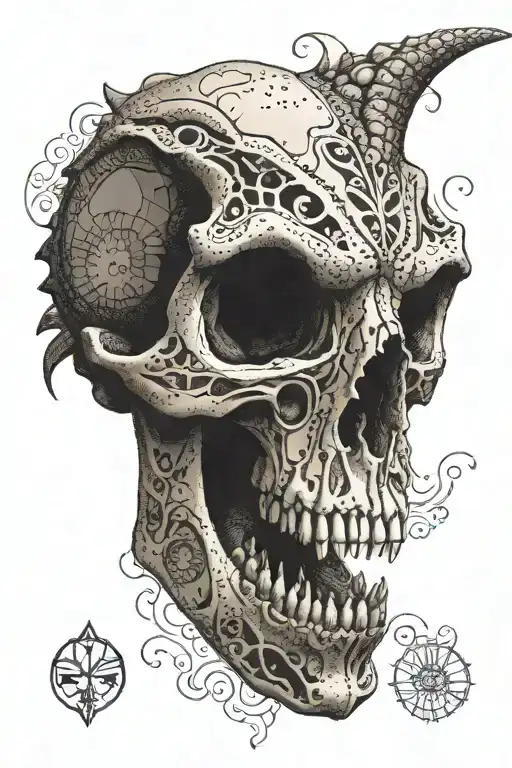 A Dotwork Tattoo Of A Dinosaur Skull With Intricate Patterns Inspired By Harry Styles'