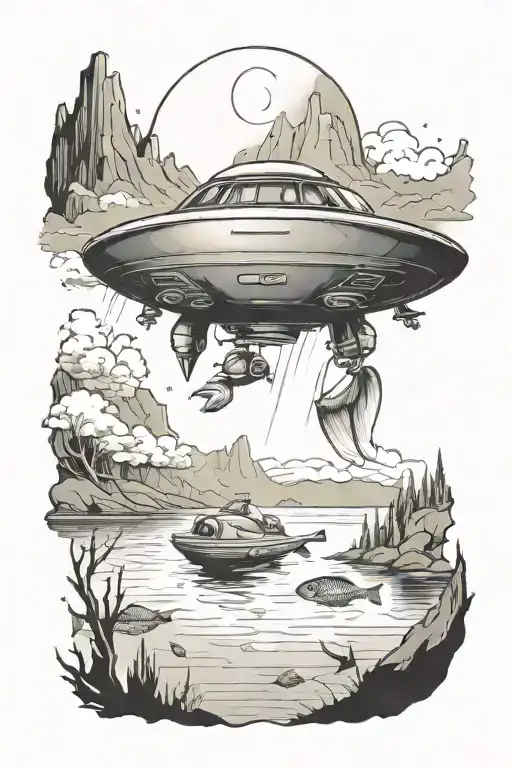 A Ufo Abducting A Fish From A Mountain Lake Scene
