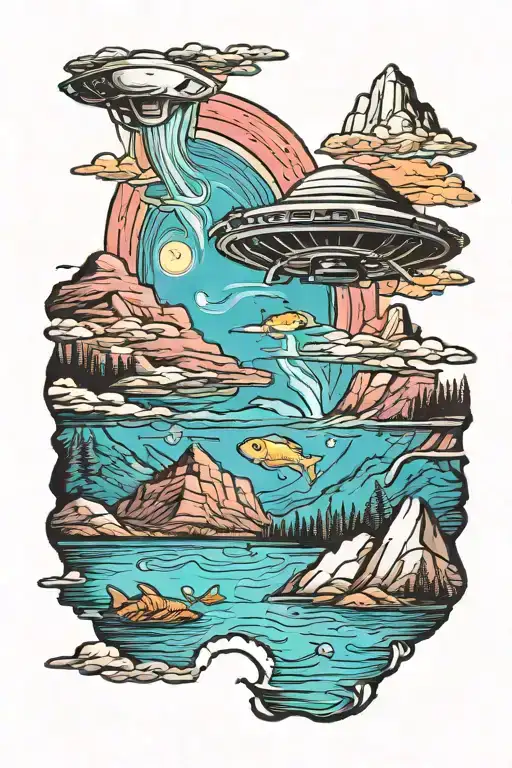 A Ufo Abducting A Fish From A Mountain Lake Scene