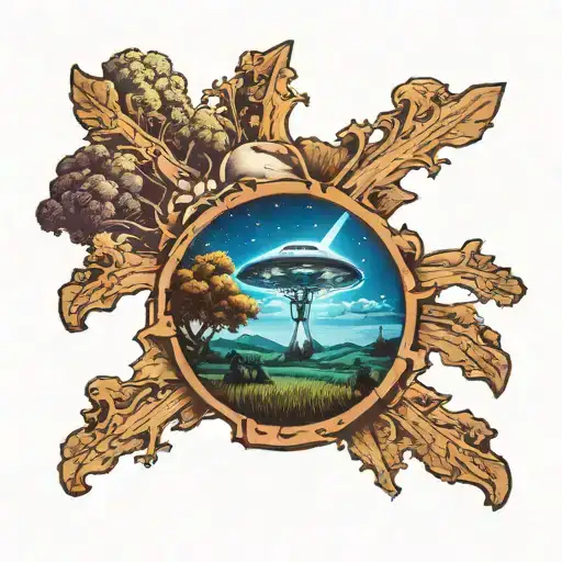 A Tattoo Of A Ufo Abduction Beam Shining Down On A Cow In A Farm Field At Night