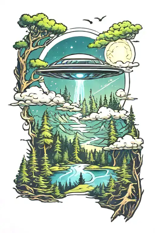A Tattoo Of A Single Ufo Abduction Beam Over A Forest Landscape