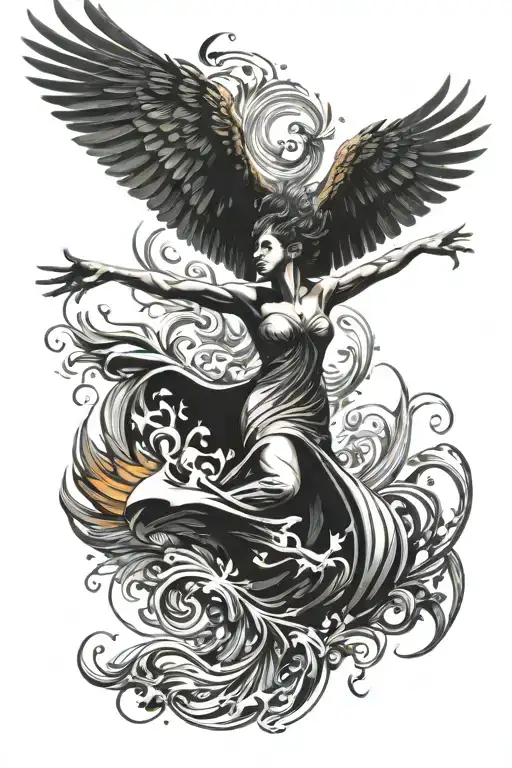 Phoenix Bird And Woman Flying Becoming One Spirit