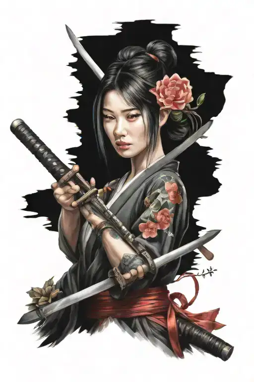 Beutiful Japanese Woman Holding A Katana Swords