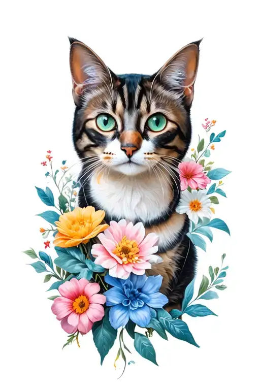 Cat And Flowers Surrounding