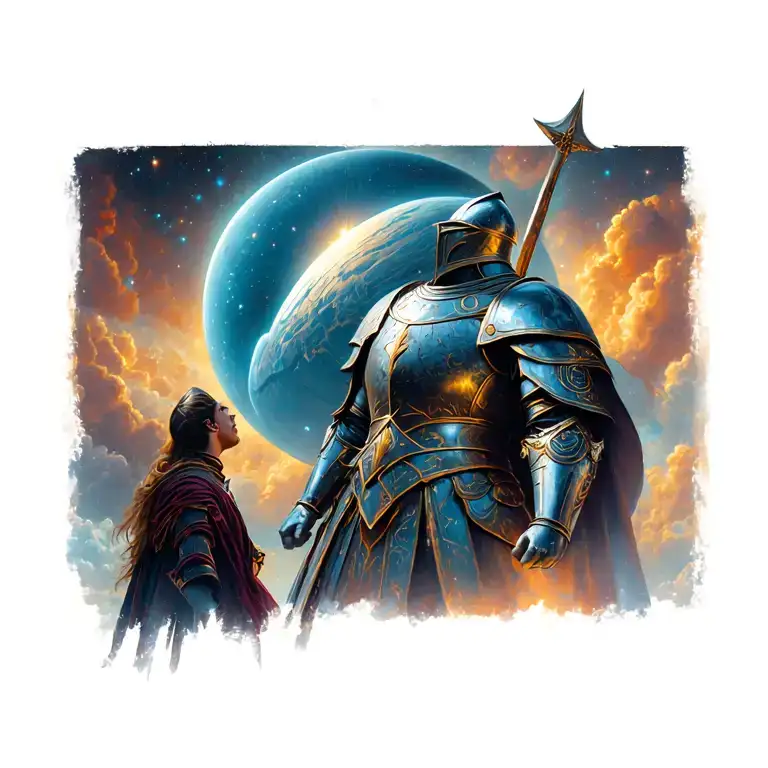 Medieval Knight Looking Up At Giant Space Titan