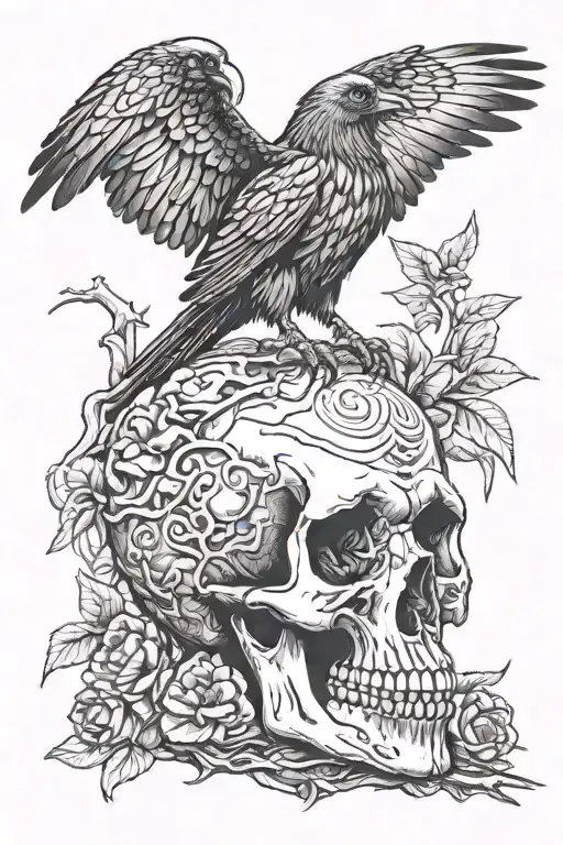 Budhist Raven Perched On A Skull With Three Eye Sockets