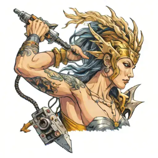 Female Warrior Electrician Repairing Zeus's Thunderbolt