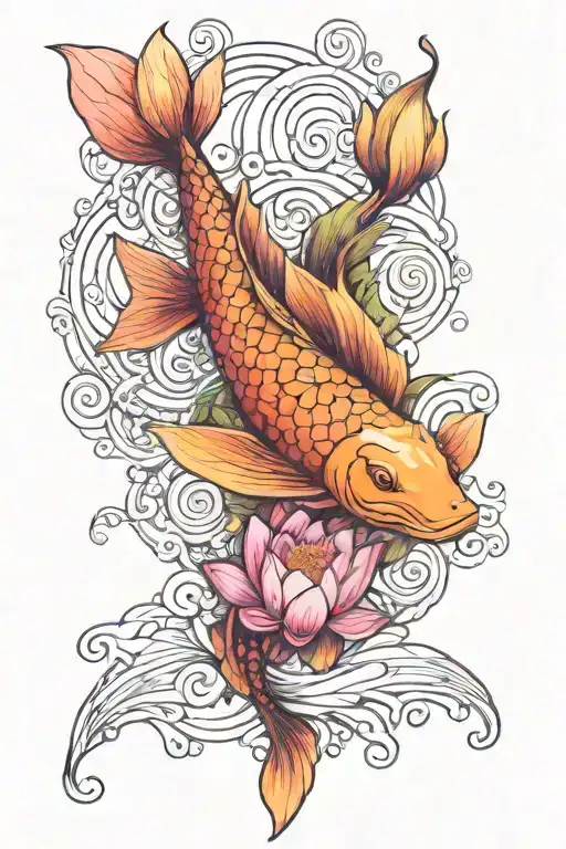 Different Coloured Koi And Pink Lotus Flower Intertwined