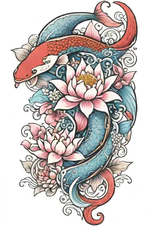 Red And Blue Koi And Pink Lotus Flower Intertwined