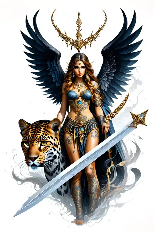 Freya Goddess With Wings And Sword And Black Leopard