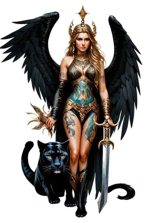 Freya Goddess With Wings Holding Sword And Black Panther