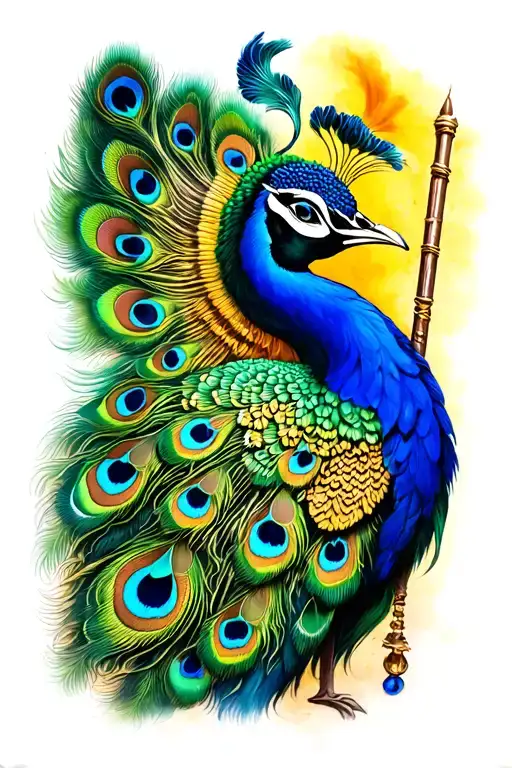 Peacock With Krishna Flute Morden Tattoo Design Featuring
