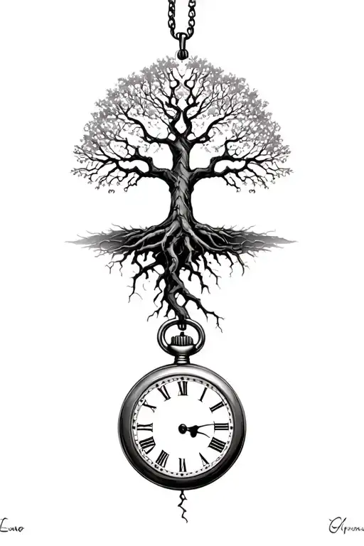 Tree Of Life Intertwined With Roots That Wrap Around And Go Into A Cracked Pocket Watch