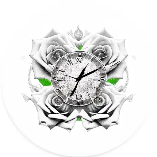 Black Rose Silhouette Surrounded By Clock With Roman Numerals And Butterfly