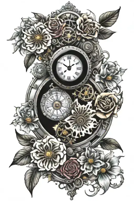 Clock Mechanisms Intertwined With Blooming Flowers