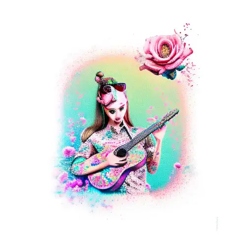 Girl Playing Pink Guitar Floral