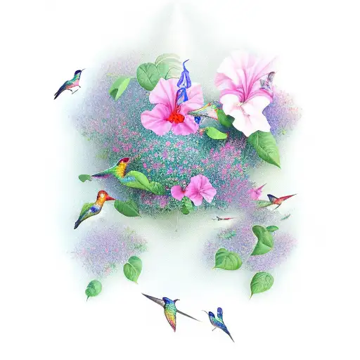 A Music Sheet With Hummingbirds And Petunias As Notes