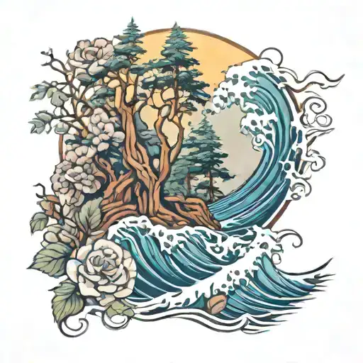 Redwood Trees And Roses And Ocean Wave Crashing