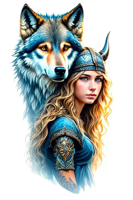 Wolf And Viking Girl Looking Straight