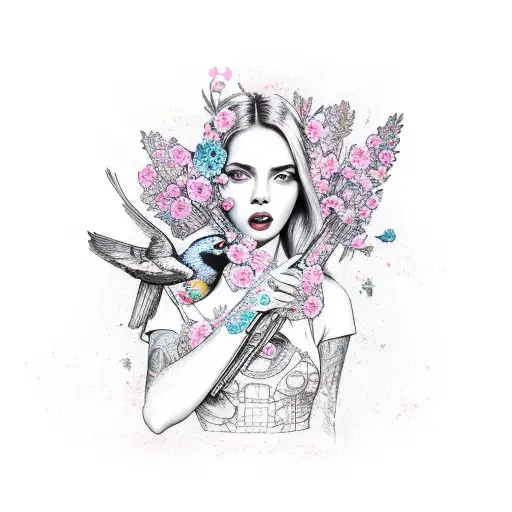 Beautiful Girl Playing Pink Guitar With Flowers And Bird