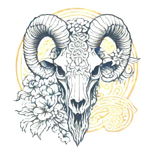 Marco Polo Sheep Skull Surrounded With Art Nouveau Flowers And Geometric Patterns In The Background