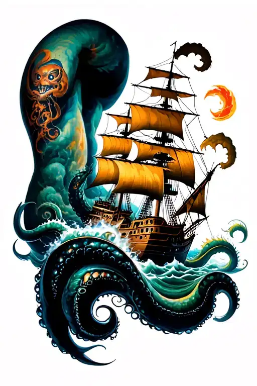 Full Leg Sleeve From Hip To Foot Depicting A Kraken Ripping A Ship Apart