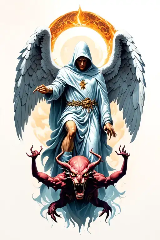 Hooded Arch Angel Defeating A Demon